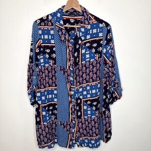 Evans Patchwork Button Up Blouse Womens 20 Plus Size Crinkle Tunic Roll Tab Blue